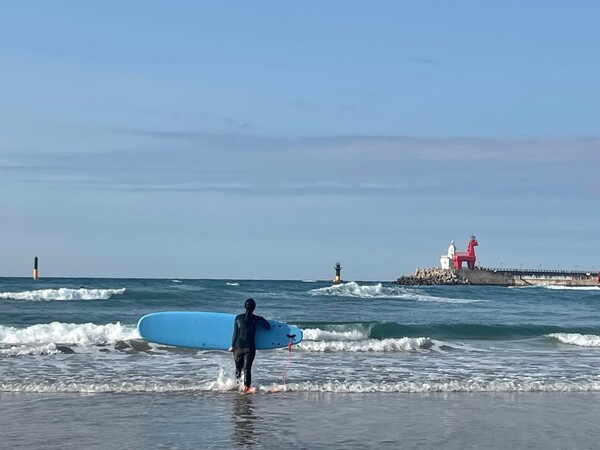 제주시 이호테우 해변에서 한 서퍼가 파도를 타기 위해 입수하고 있다.  : 제주인뉴스