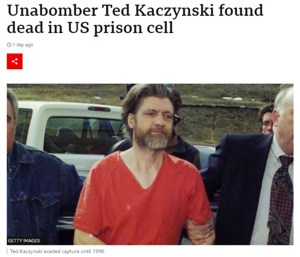 테드 카진스키가 1996년 4월 4일 미국 몬태나주 헬레나 연방 법원으로 이송되고 있다. : BBC 기사 본문 캡처