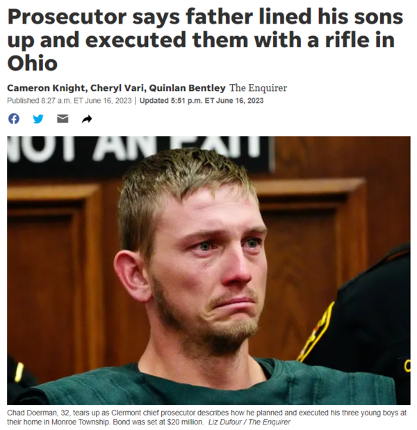 미국 오하이오주 클러몬트 카운티에서 3살, 4살, 7살 된 아들들을 총격 살해한 혐의로 기소된 32살 채드 도어맨. : The Columbus Dispatch 캡처