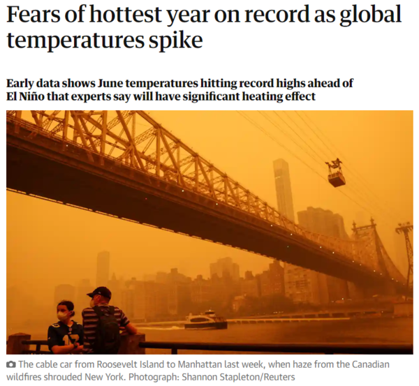 영국 가디언은 지난 15일(현지시간) 기후변화 감시기구인 코페르니쿠스 기후변화서비스(C3S)의 보고를 인용해 6월 현재까지 측정된 전 세계 평균 기온이 1979년 기록한 6월 최고 기온보다 1.5℃ 정도 높은 수준이라고 보도했다. 지난 주 캐나다 산불로 인해 뉴욕을 뒤덮은 안개. : The Guardian 기사 본문 캡처
