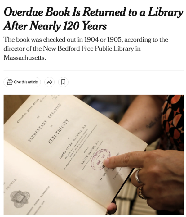  뉴욕타임스(NYT)는 9일(현지시간) 미국의 한 공립도서관에서 1차 세계대전 당시인 1900년대 무렵 대출된 책이 약 120년만에 반환됐다고 보도했다. : NYT 기사 본문 캡처