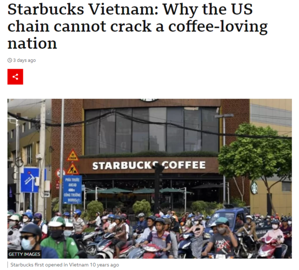 BBC는 6일(현지시간) 스타벅스가 커피 소비량이 많은 베트남에 진출한 지 10년이 넘어가지만 현지 커피 시장 점유율은 2%대에 불과하다고 보도했다. : BBC 기사 본문 캡처