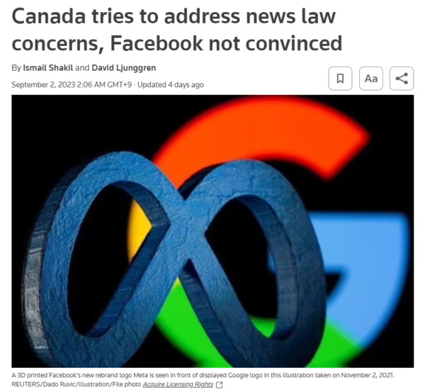 캐나다 정부는 1일(현지시간) 메타와 구글 등 디지털 플랫폼에 뉴스 사용료 지급을 강제하는 법안의 시행세칙 초안을 공개했다. : Reuters 기사 본문 캡처