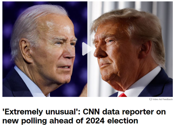 18일(현지시간) 미국 CNN, 폭스뉴스 등 주요 5곳의 최근 여론조사에 따르면 트럼프 전 대통령 지지율이 바이든 대통령을 2~4%포인트(p) 차이로 앞서는 것으로 나타났다. : CNN 기사 본문 캡처