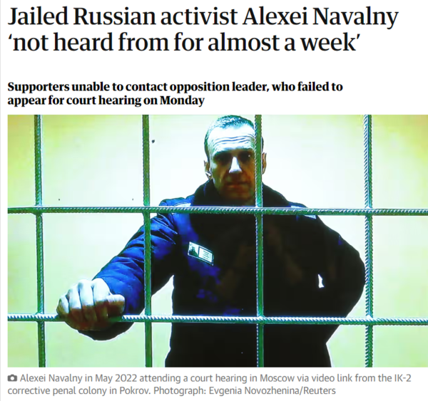 블라디미르 푸틴 러시아 대통령의 정적인 알렉세이 나발니가 수감 중 실종됐다고 그의 변호인단이 11일(현지시간) 밝혔다. : The Guardian 기사 본문 캡처