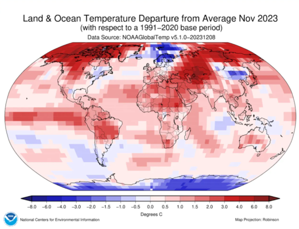 2023년 11월 세계 평균 표면 온도가 평균에서 벗어난 것을 보여주는 지도. 자료 : NOAA.