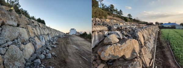 녹남봉 급경사지 붕괴위험지역 정비 전(왼쪽)과 정비 후 사진. : 서귀포시