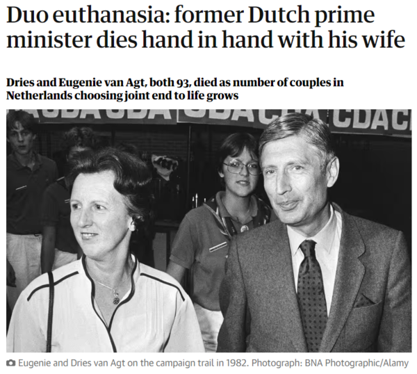 동반 안락사로 생을 마감한 드리스 반 아흐트 전 네덜란드 총리와 부인 외제니 여사. : Guardian 기사 본문 캡처
