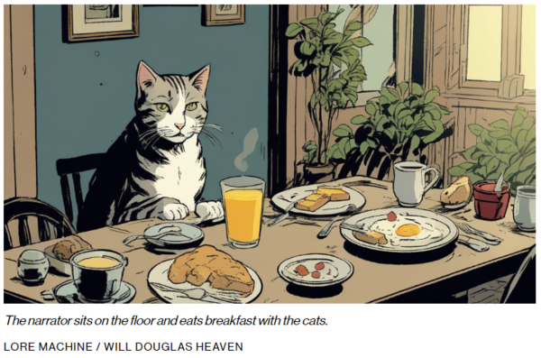 작가가 바닥에 앉아 고양이들과 아침을 먹고 있다. : MIT 테크 리뷰 기사 본문 캡처